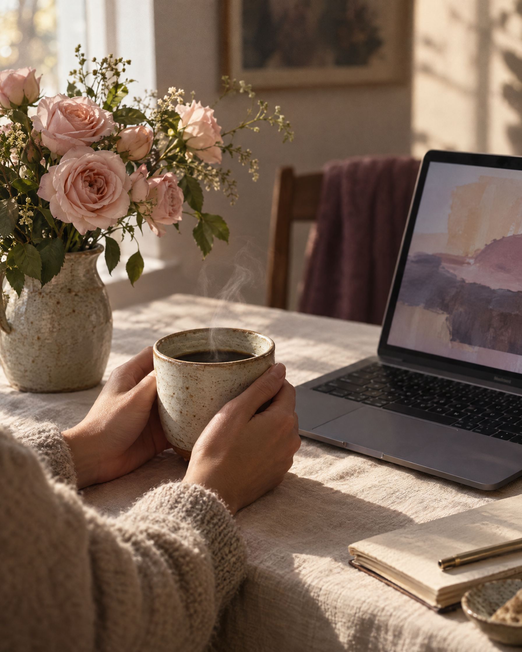 Hands holding a coffee cup beside a laptop