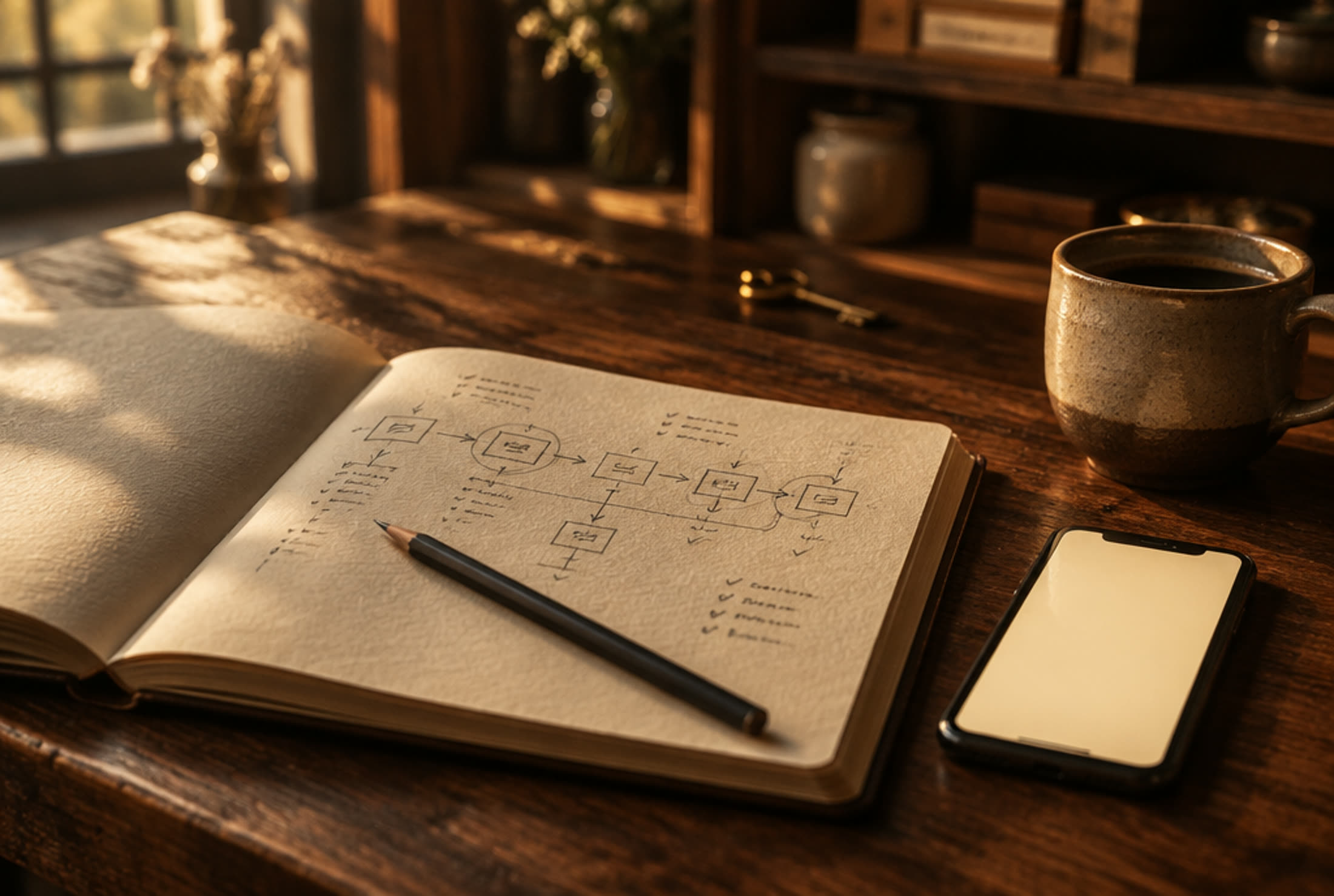 Open notebook on a shop counter with a pencil-drawn map of a business's working day, a phone and a coffee beside it